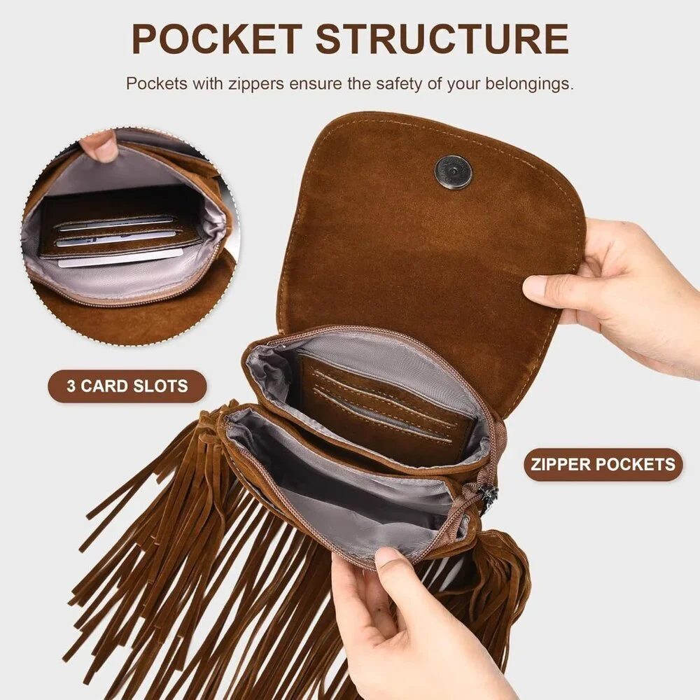 Elegant Fringe Phone Purse with Tassels - 3 Compartment Crossbody Bag for Women